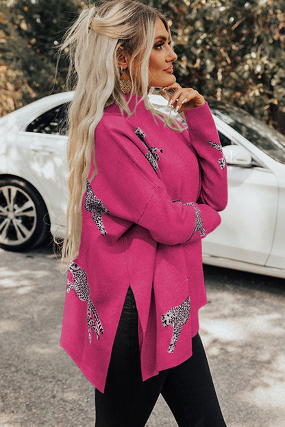 Cheetah Print High Neck Split Hem Sweater