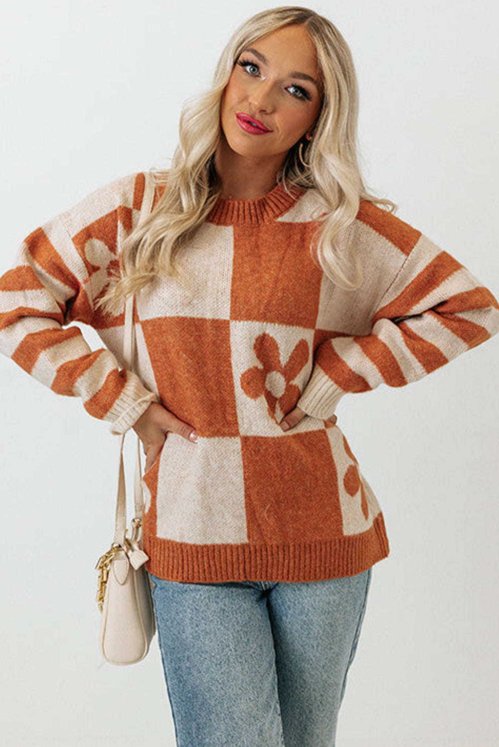 Orchid Petal Checkered and Striped Knitted Sweater