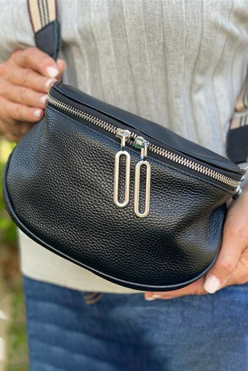 Striped Strap Zipper PU Leather Crossbody Bag