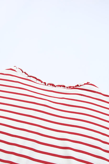 Black and White Striped Snap Button Ruffle Trim Long Sleeve Top