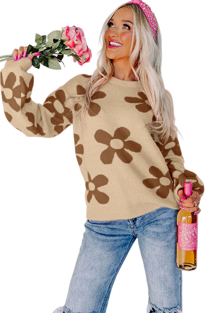 Floral Print Knitted Long Sleeve Pullover Sweater