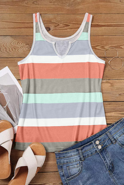 Multicolor Striped Color Block Notched Neck Tank Top