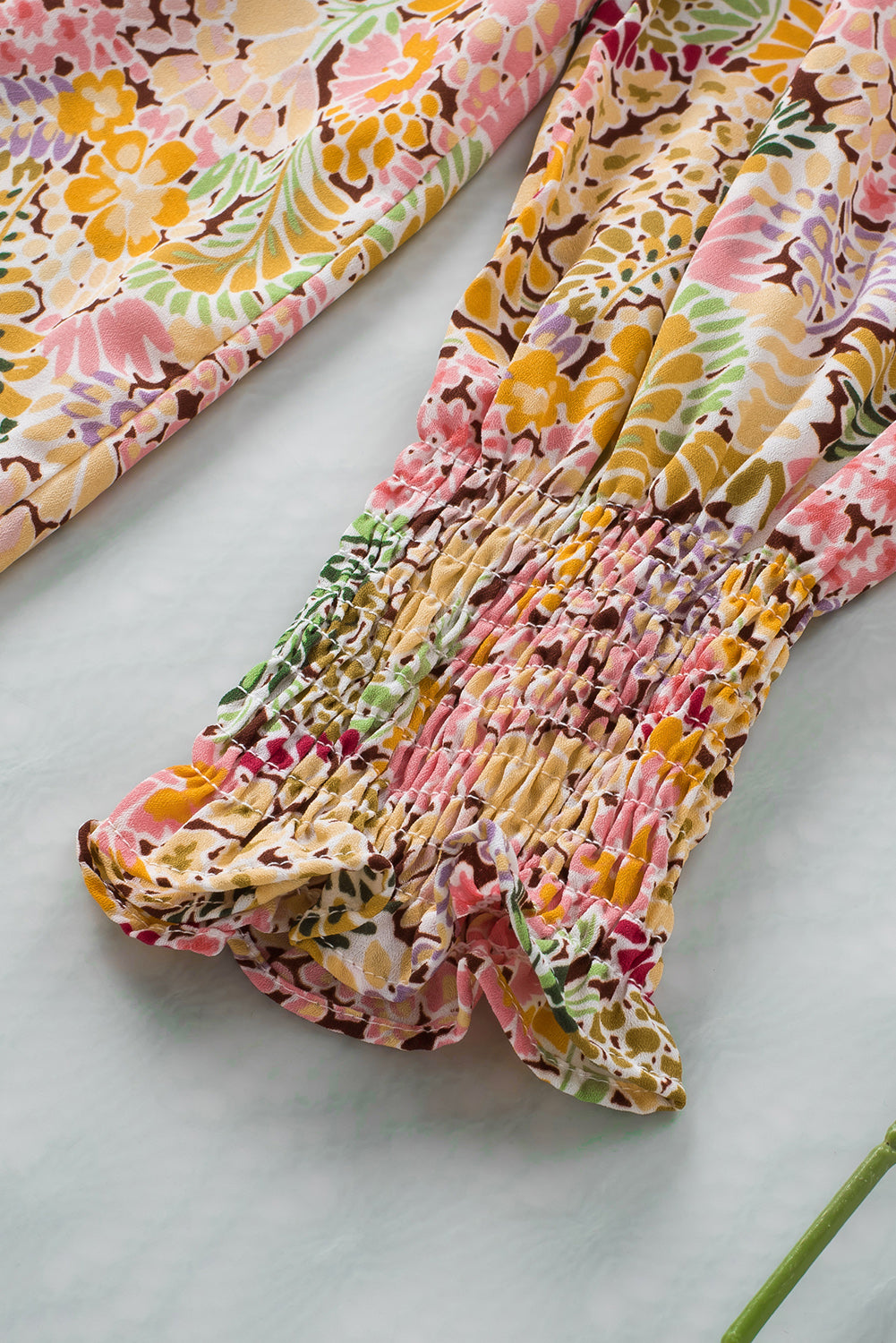 Multicolor Floral Print Smocked Cuffs Long Sleeve Blouse