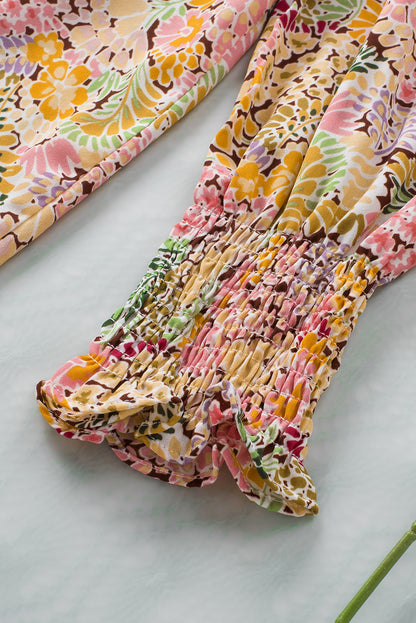 Multicolor Floral Print Smocked Cuffs Long Sleeve Blouse