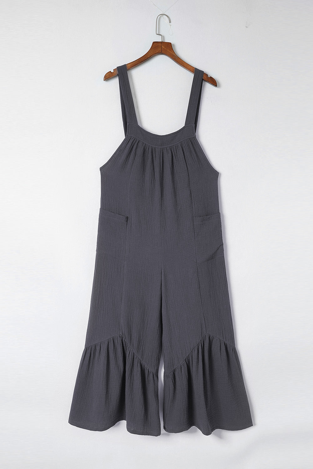 Black Solid Color Pockets Pleated Flare Leg Jumpsuit