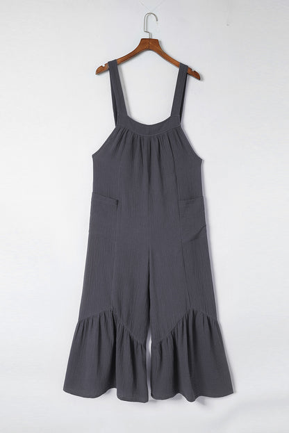 Black Solid Color Pockets Pleated Flare Leg Jumpsuit