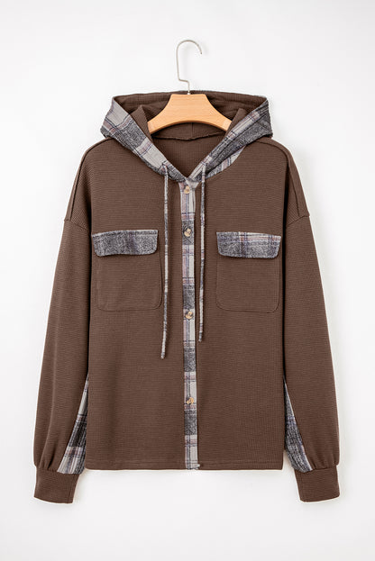 Brown Plaid Patchwork Button Down Drawstring Hooded Shacket