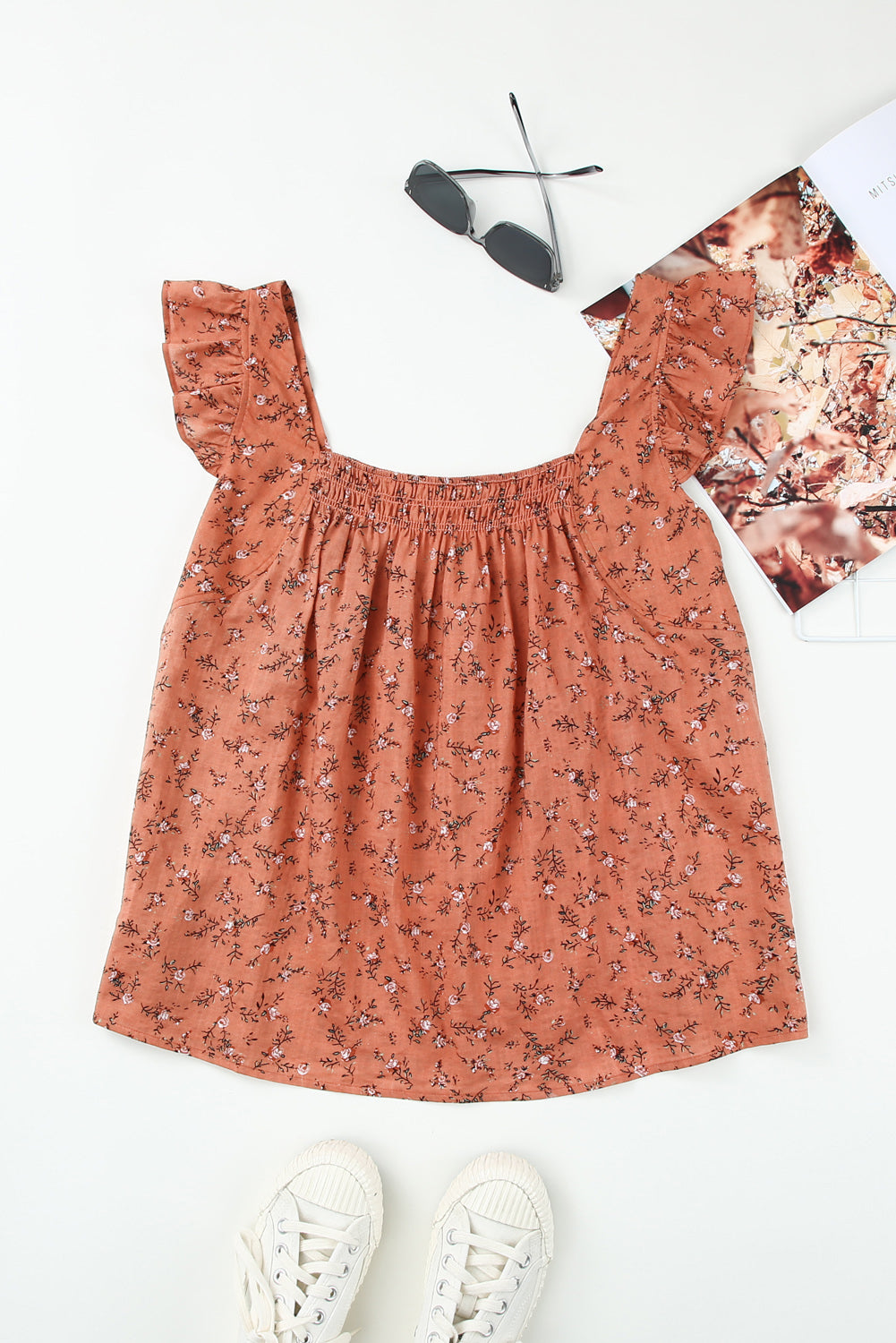 Floral Print Smocked Neck Flounce Sleeveless Shirt