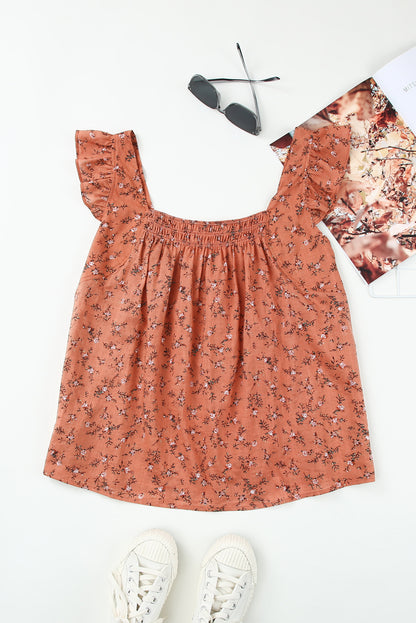 Floral Print Smocked Neck Flounce Sleeveless Shirt