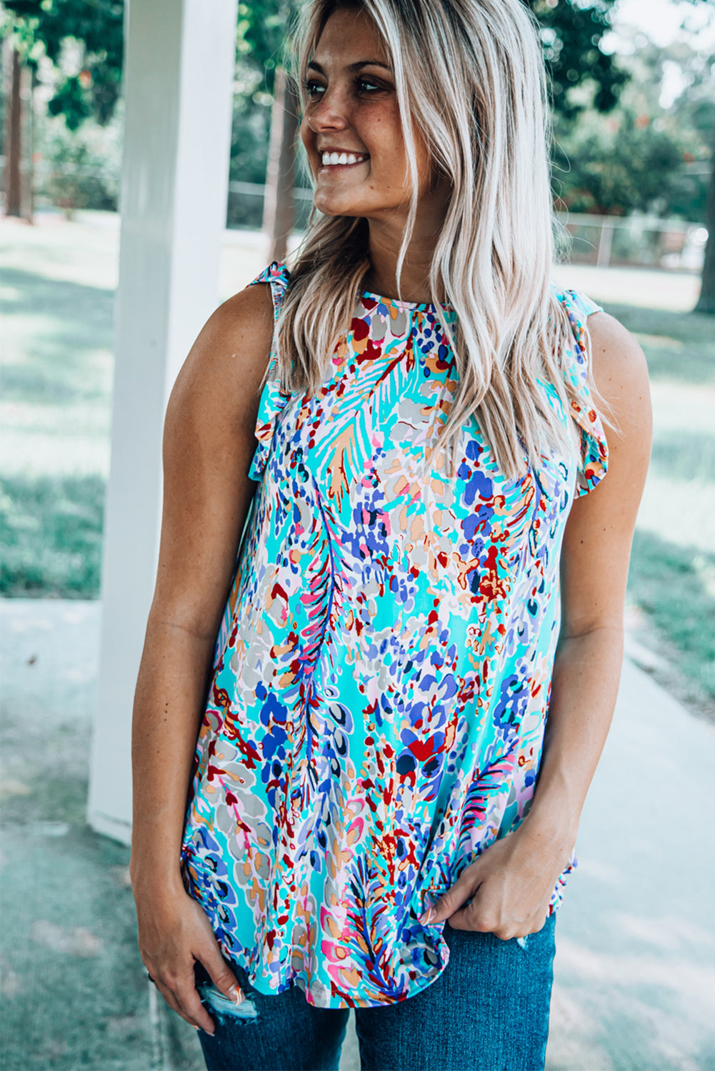 Light Blue Abstract Print Color Block Babydoll Boho Sleeveless Shirt with Ruffle