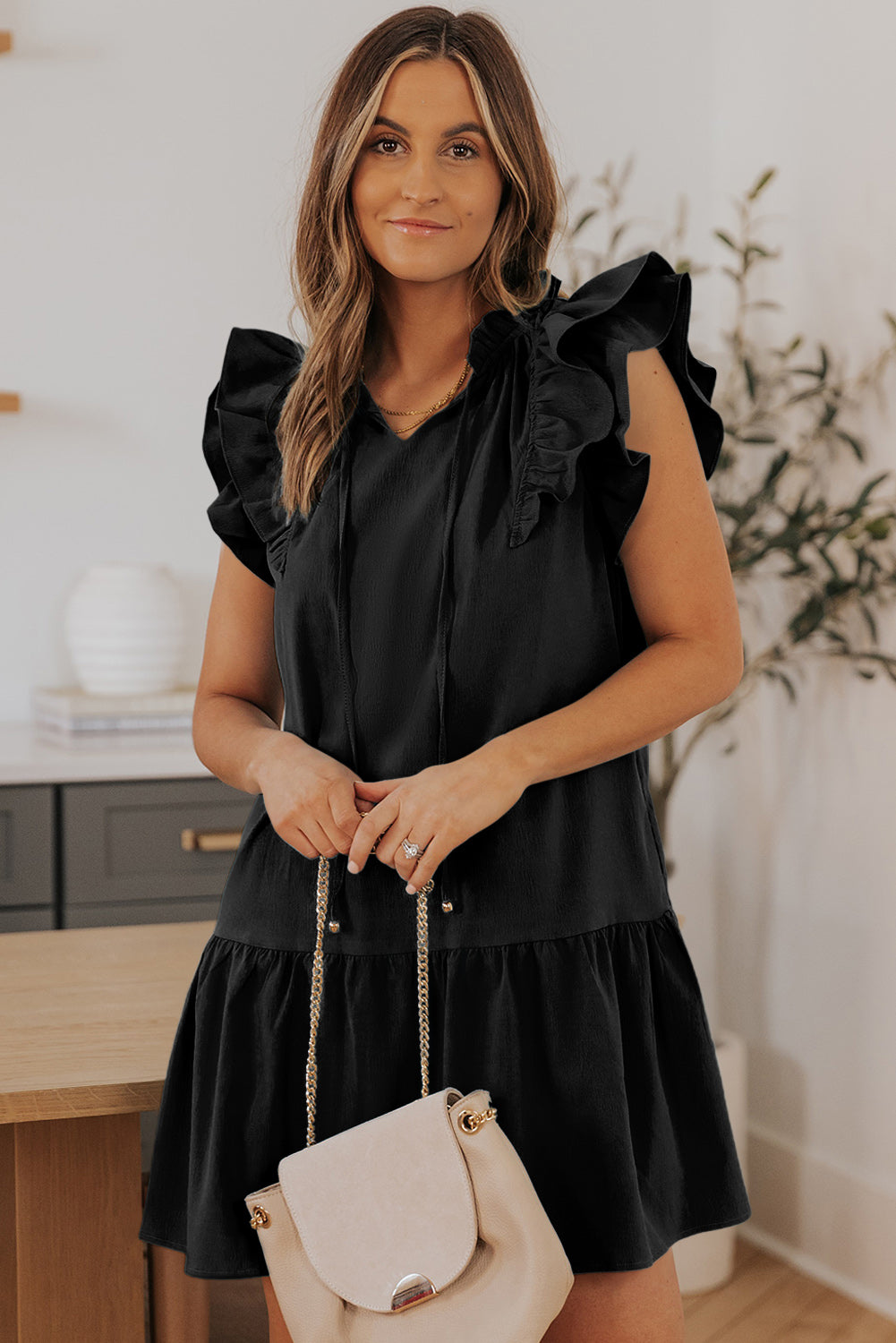 Tiered Ruffled Drawstring V Neck Short Dress With Pockets