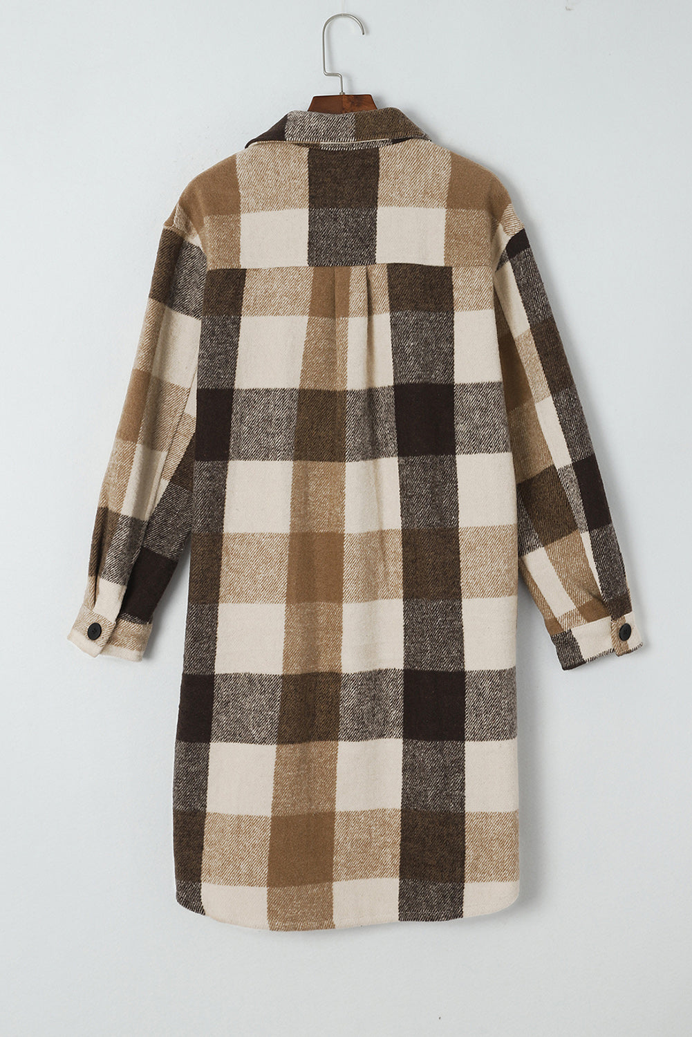 Khaki Plaid Colorblock Button Down Flap Pocket Long Shacket