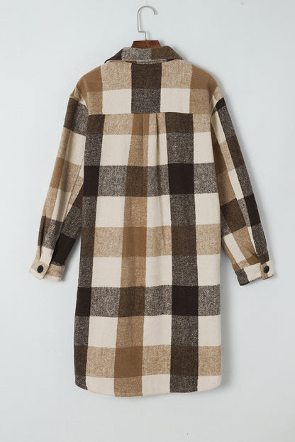 Khaki Plaid Colorblock Button Down Flap Pocket Long Shacket