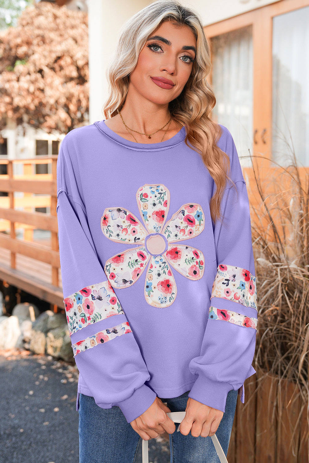 Peach Blossom Flower Applique Patchwork Drop Sleeve Pullover Sweatshirt