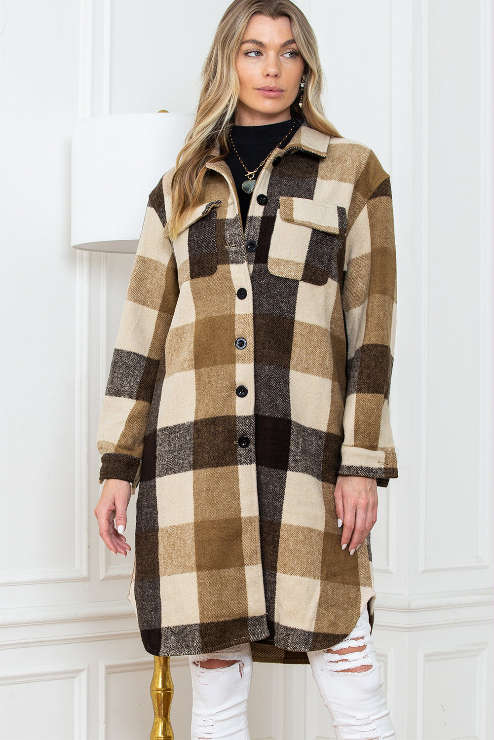 Khaki Plaid Colorblock Button Down Flap Pocket Long Shacket