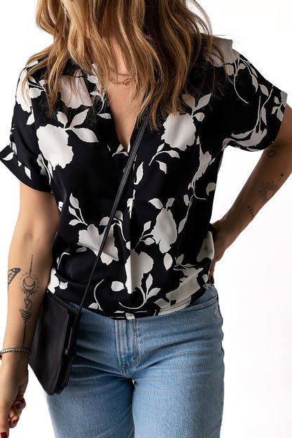 Floral Print Casual Roll Up Sleeve Blouse