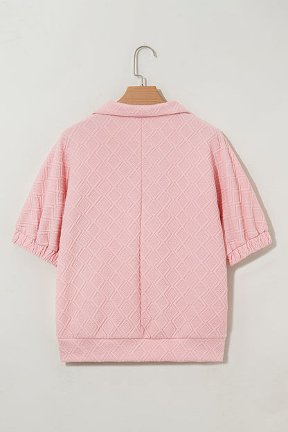 Light Pink Puff Sleeve Zipper Pop of Color Neckline Blouse