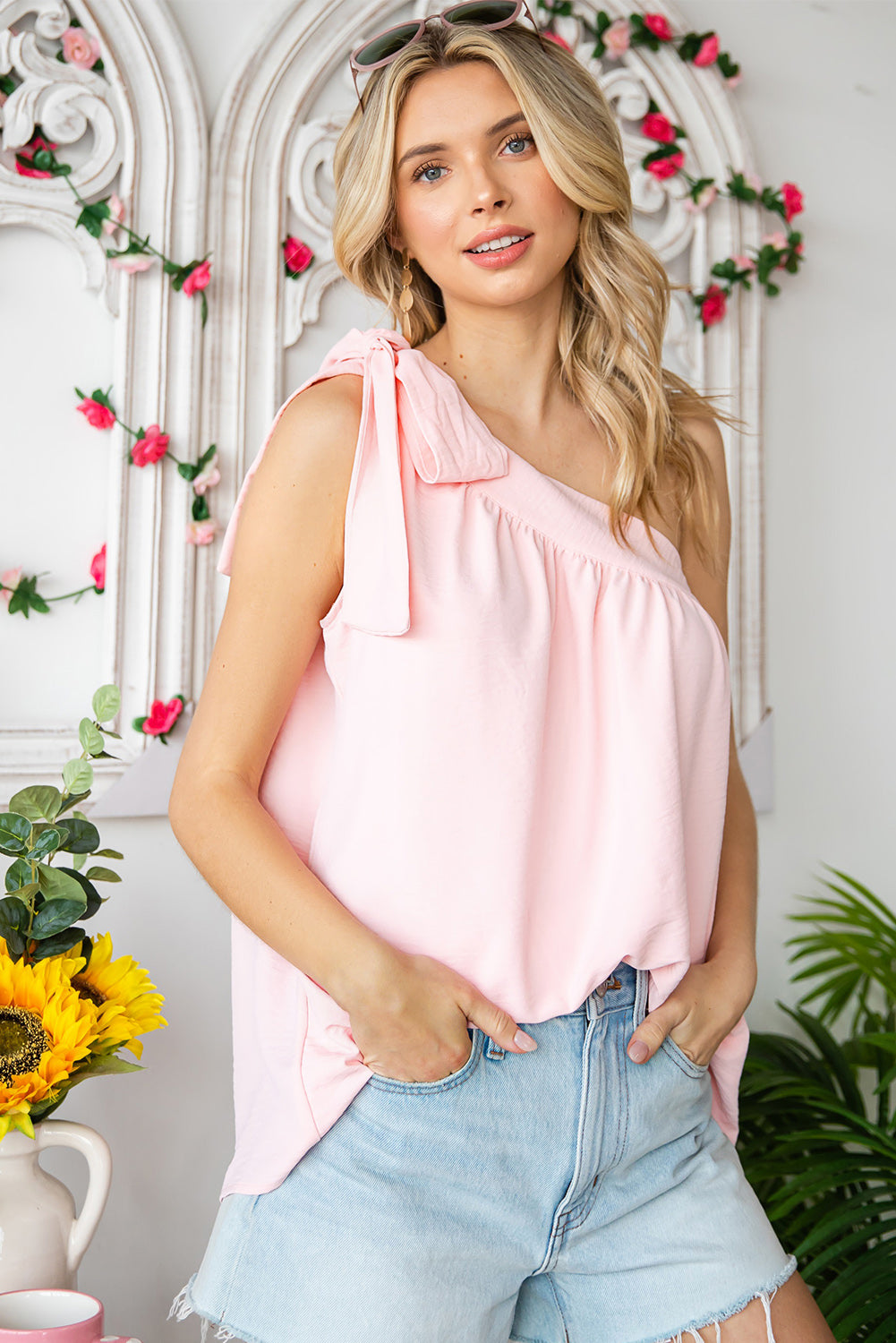 Casual Sleeveless One Shoulder Silk Top