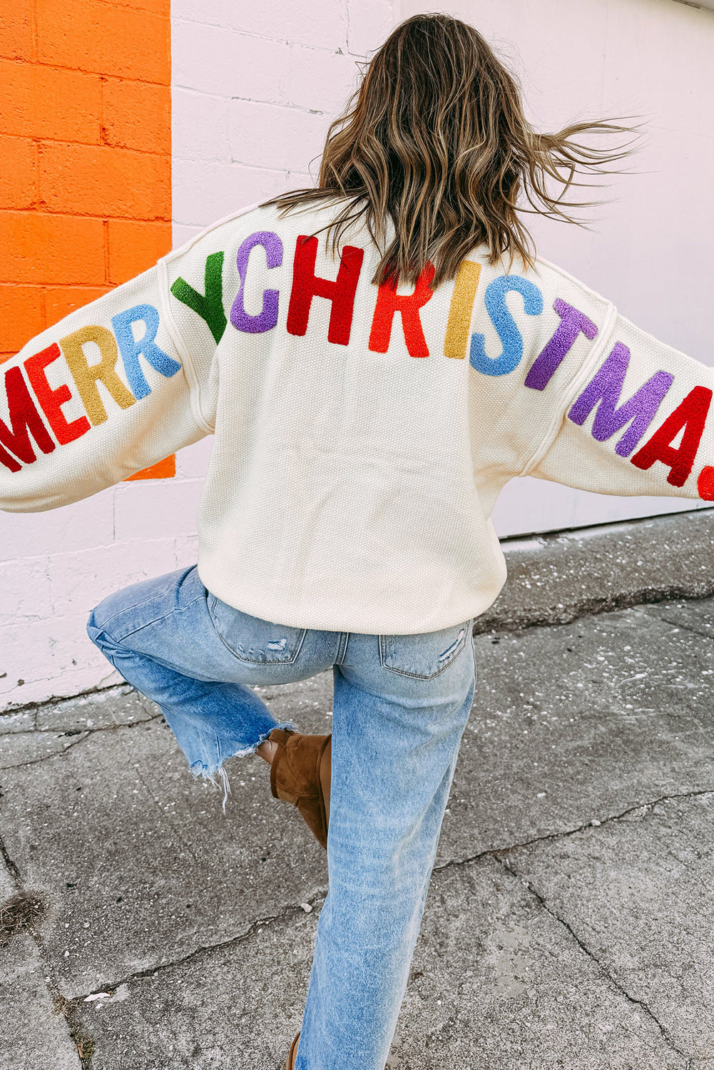 White Chenille Graphic Drop Shoulder Holiday Sweater