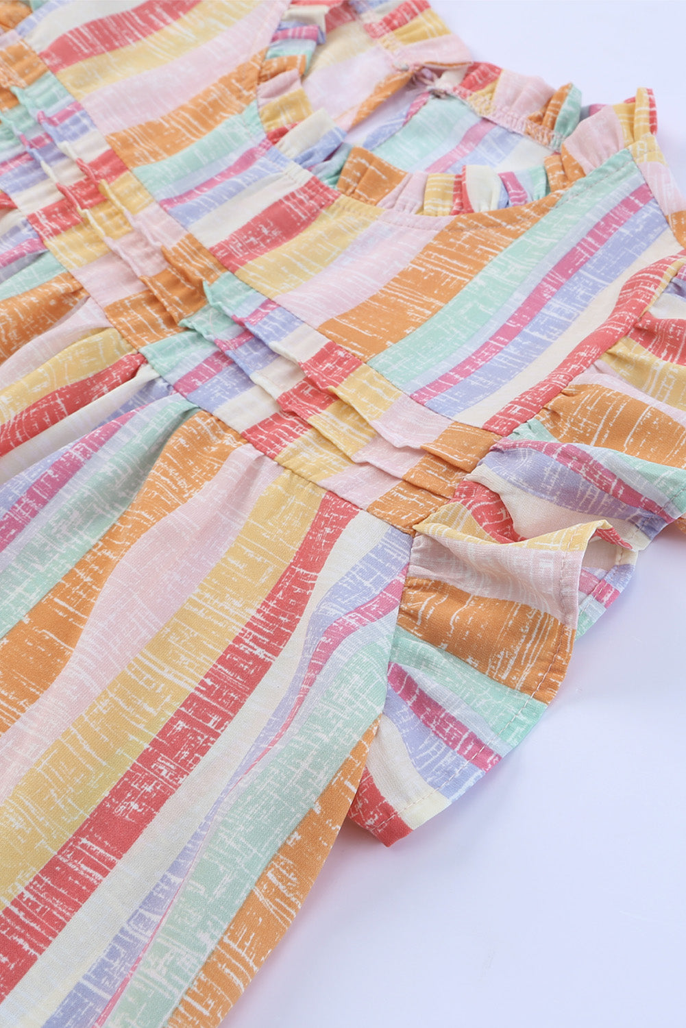 Multicolor Striped Color Block Frill Neck Ruffle Blouse