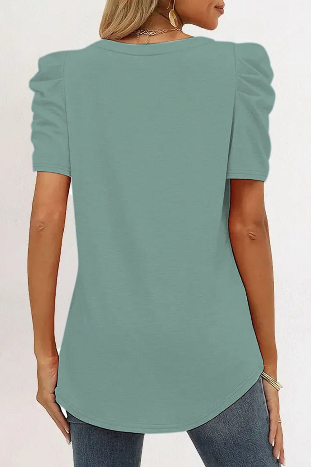 Puff Sleeve Casual V Neck T-Shirt