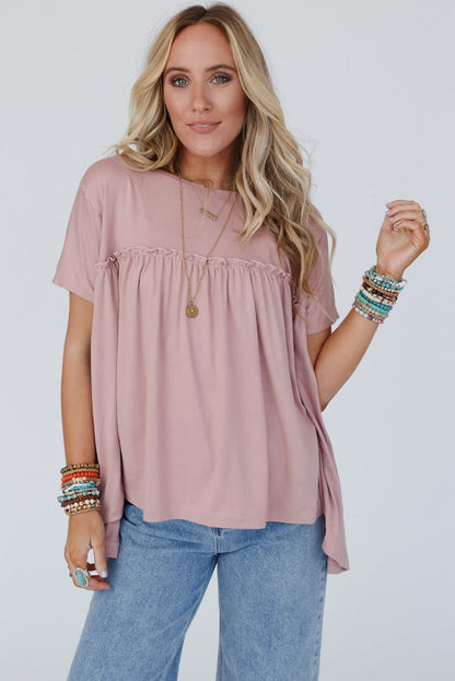 White Solid Color Frilled Loose Babydoll Blouse