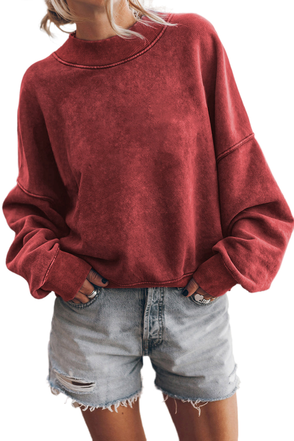 Red Drop Shoulder Crewneck Washed Pullover Sweatshirt