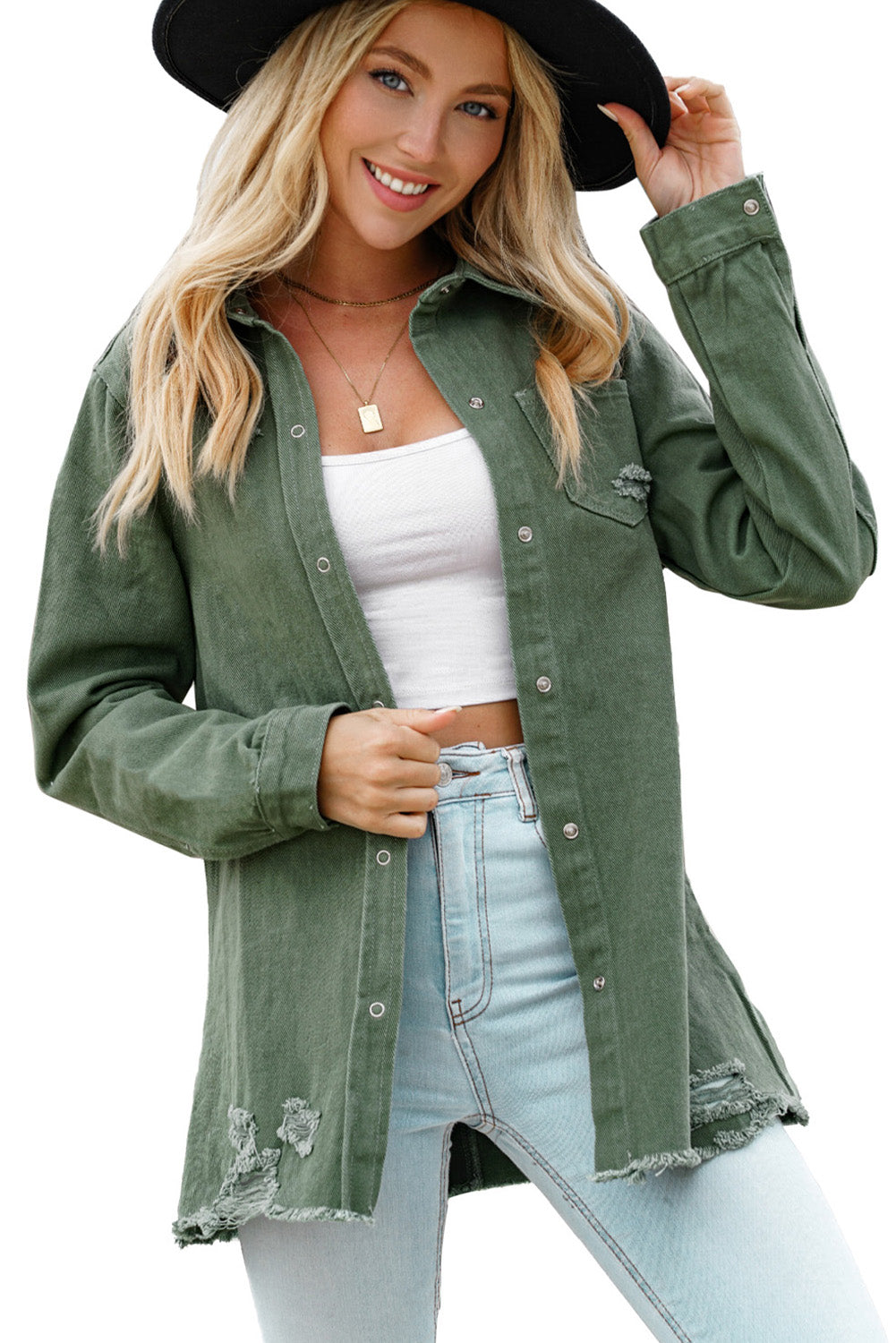 Ripped Raw Hem Button Up Denim Shacket