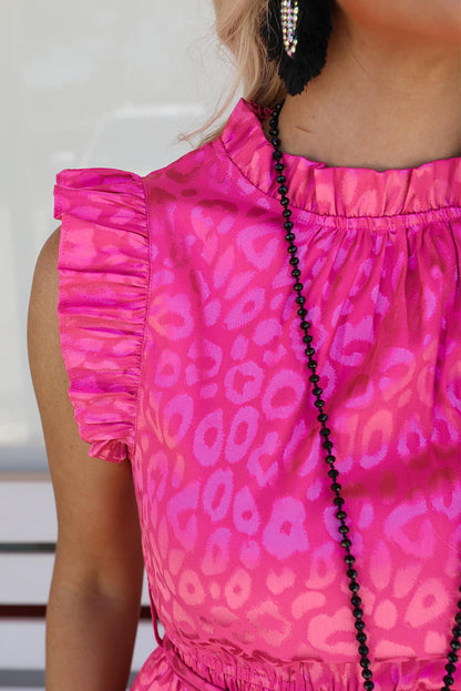 Rosy Satin Jacquard Sleeveless A-Line Leopard Print Dress