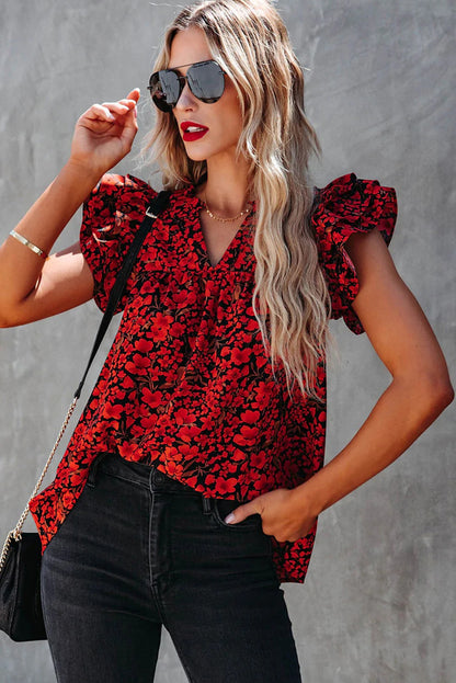 Floral Print Tiered Ruffle Sleeve V Neck Boho Top