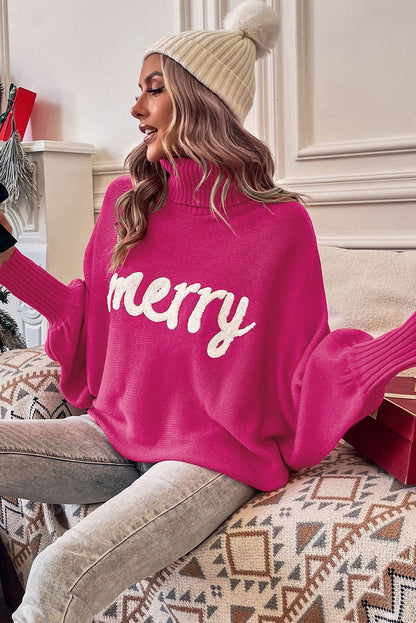 Turtle Neck Batwing Sleeve Merry Christmas Sweater