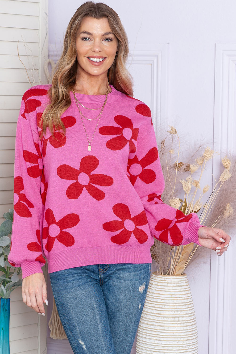 Floral Print Knitted Long Sleeve Pullover Sweater
