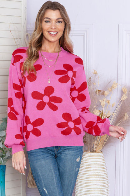 Floral Print Knitted Long Sleeve Pullover Sweater