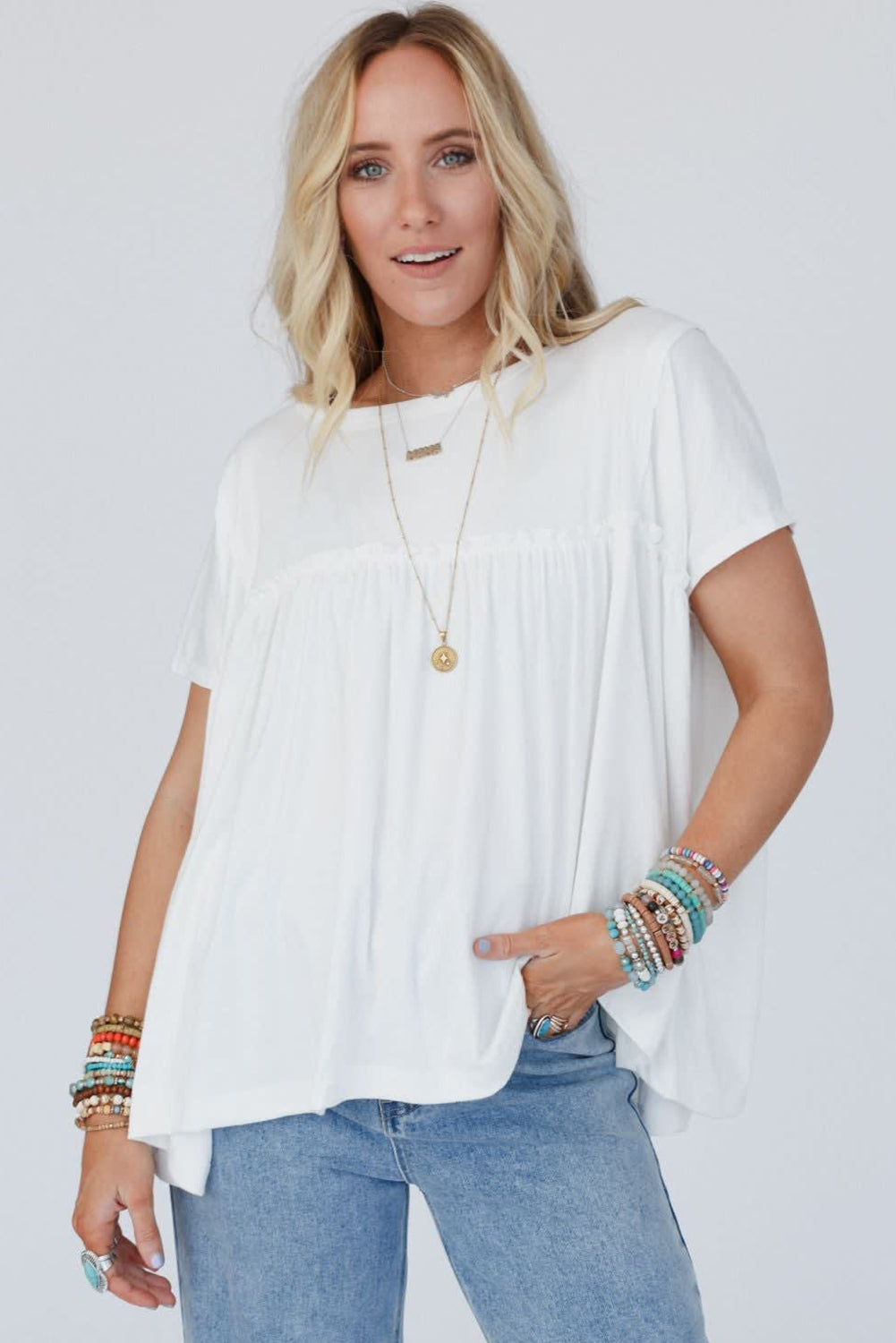 White Solid Color Frilled Loose Babydoll Blouse