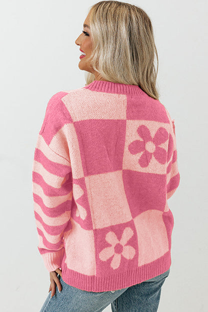Orchid Petal Checkered and Striped Knitted Sweater