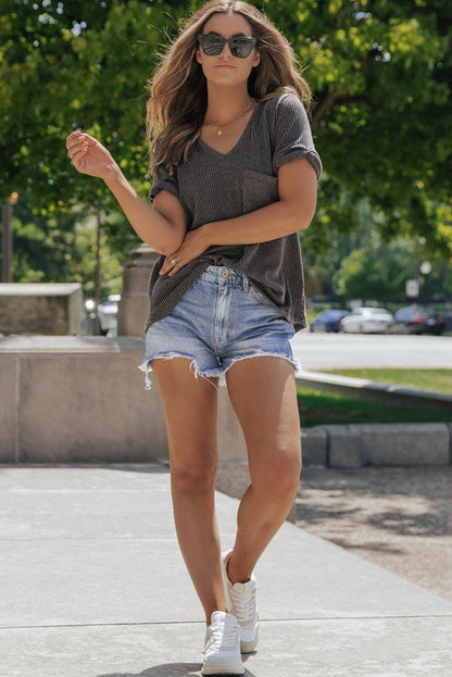 Corded Pocket V Neck T Shirt