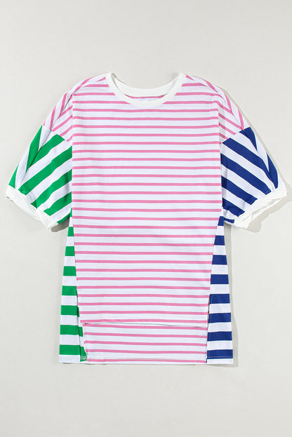 Striped Patchwork Slits Baggy T Shirt