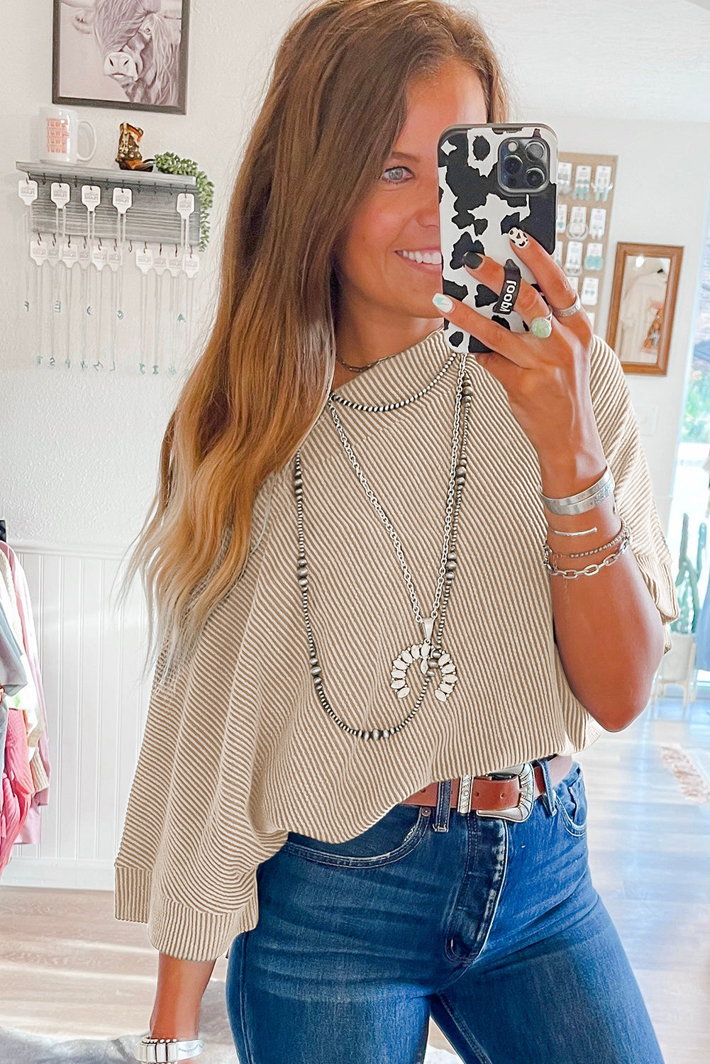 Apricot Boatneck Batwing Sleeve Cording Top