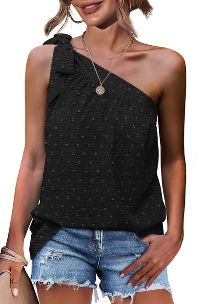 Swiss Dots Knot Asymmetric Neck Sleeveless Shirt