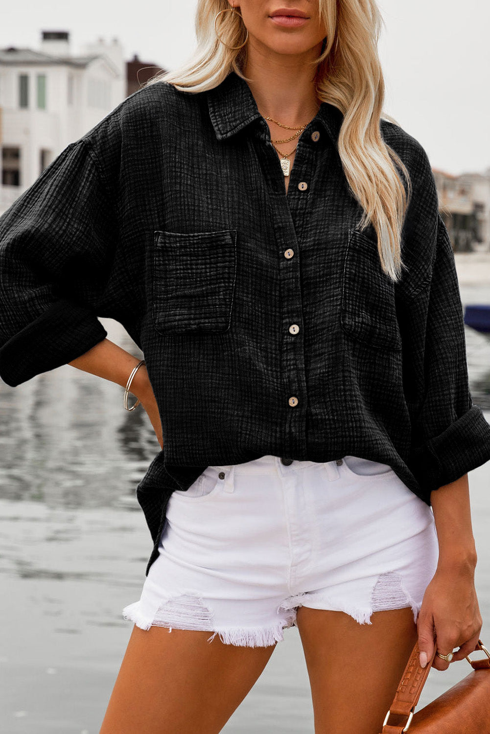 Sky Blue Mineral Wash Crinkle Textured Chest Pockets Shirt