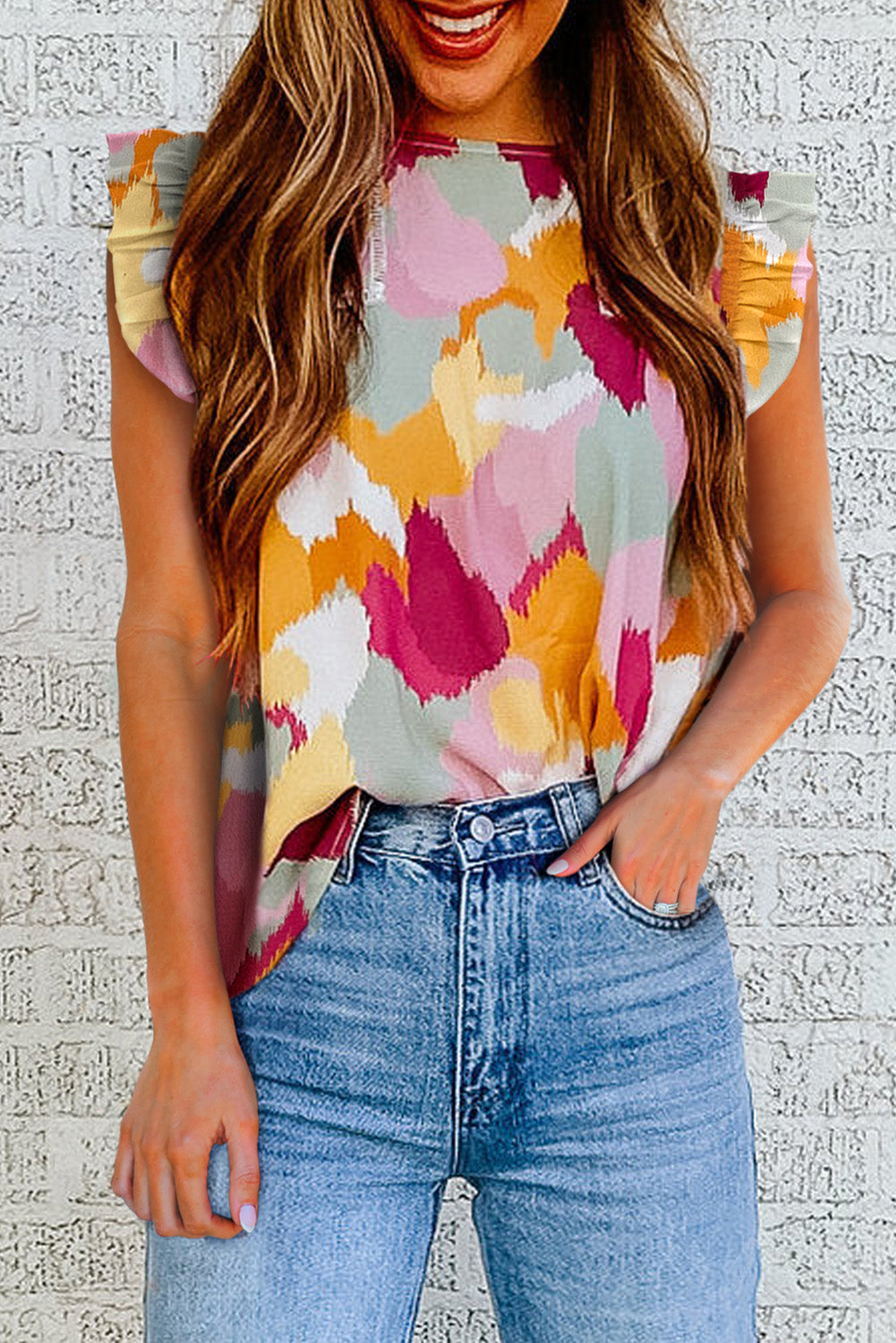 Multicolor Abstract Print Boho Ruffle Puff Sleeve Blouse