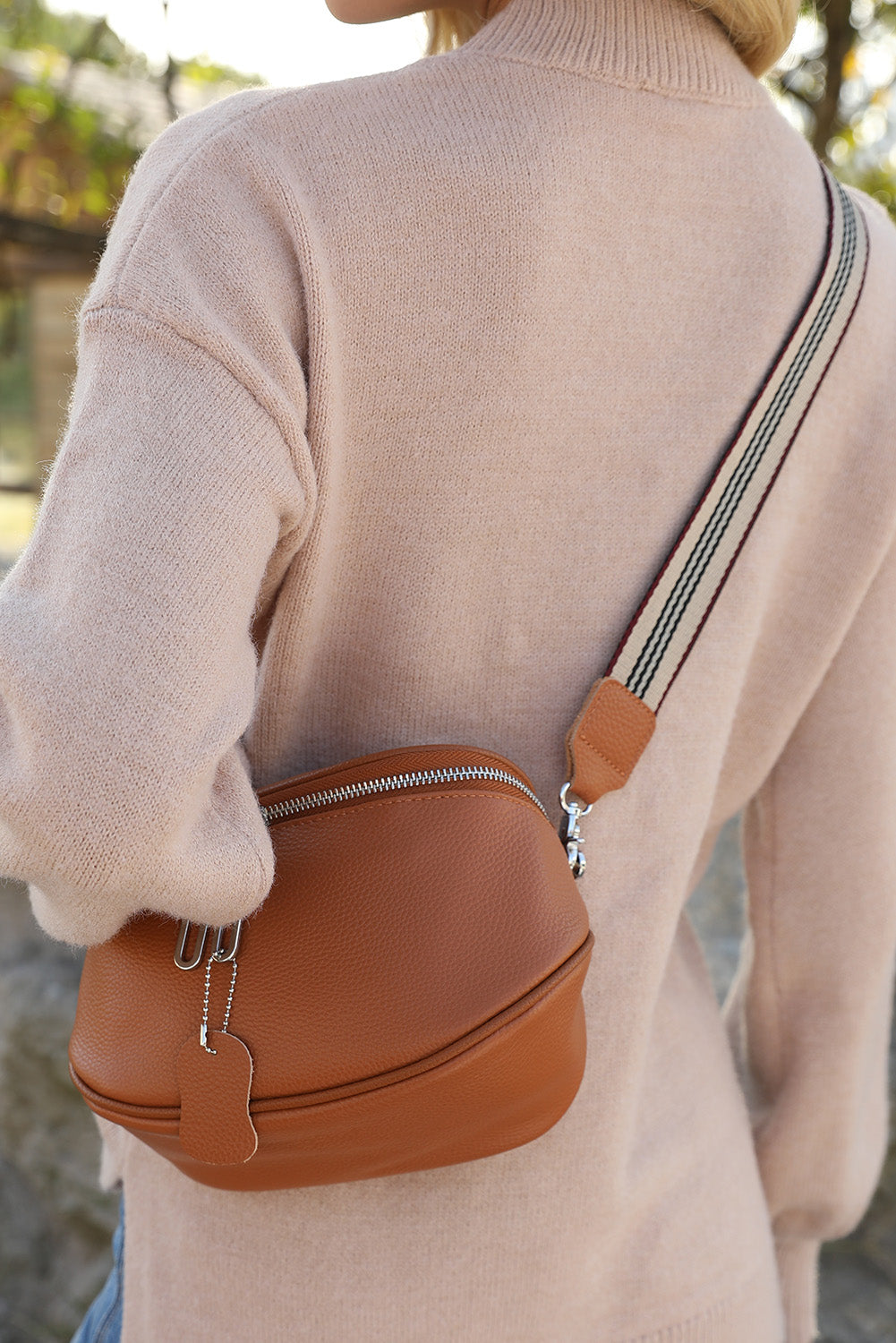 Striped Strap Zipper PU Leather Crossbody Bag