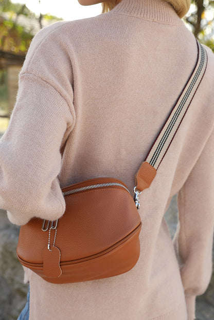 Striped Strap Zipper PU Leather Crossbody Bag
