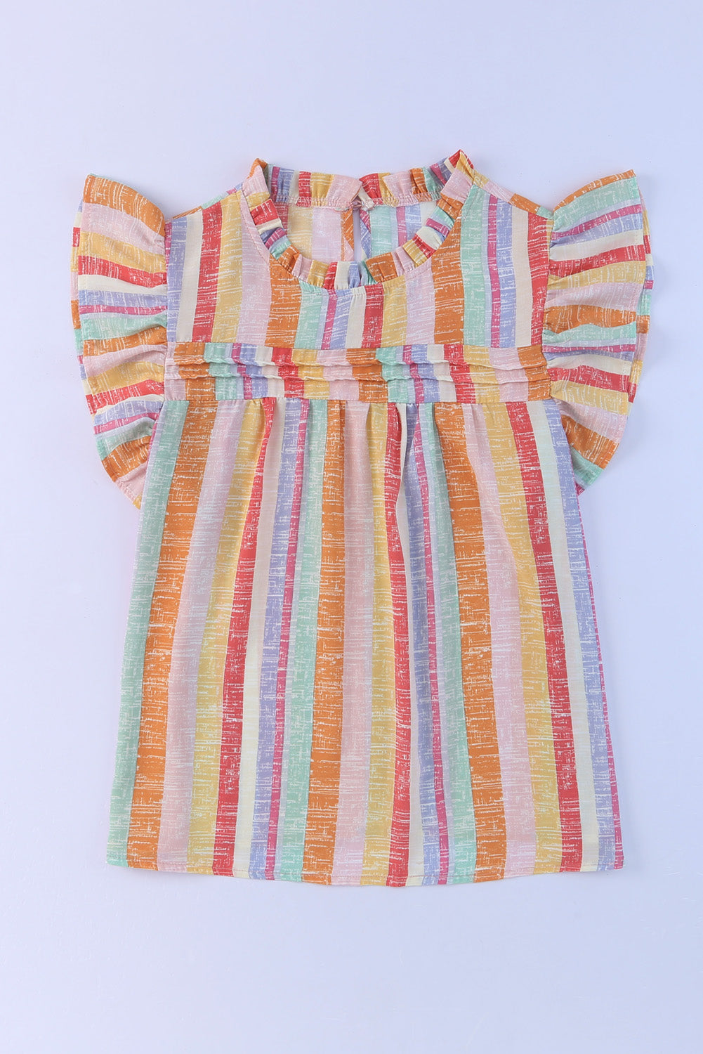 Multicolor Striped Color Block Frill Neck Ruffle Blouse