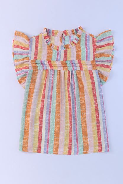 Multicolor Striped Color Block Frill Neck Ruffle Blouse