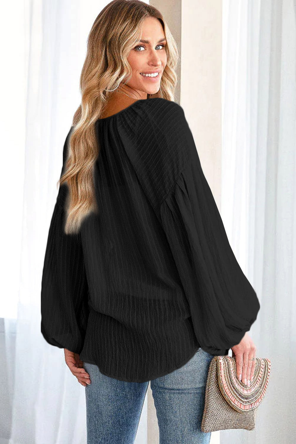 Brown Lantern Sleeve Tassel Drawstring Tie Blouse