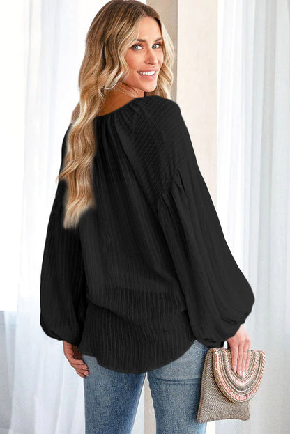 Brown Lantern Sleeve Tassel Drawstring Tie Blouse