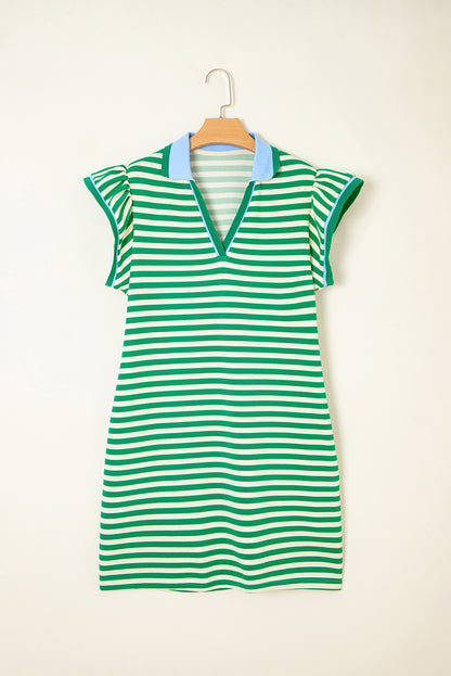 Sachet Pink Striped Ruffle Short Sleeve Pop of Color Neckline Dress