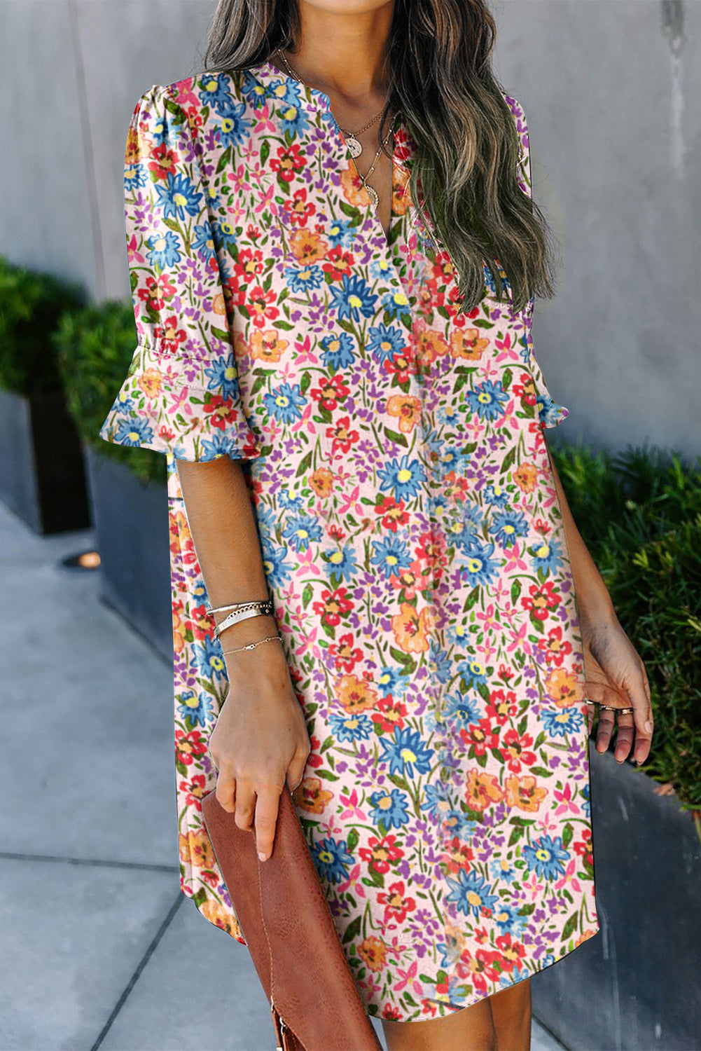 Multicolor Floral Print Smocked Cuffs Long Sleeve Blouse