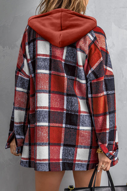 Plaid Button Front Drop Sleeve Hooded Shacket